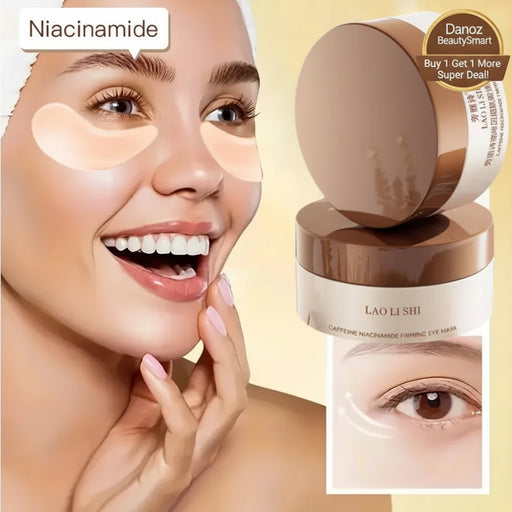 Woman applying eye patches with a close-up of a cosmetic product on a beige background