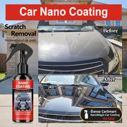 Car nano coating spray bottle with 'Before' and 'After' car images showing scratch removal.