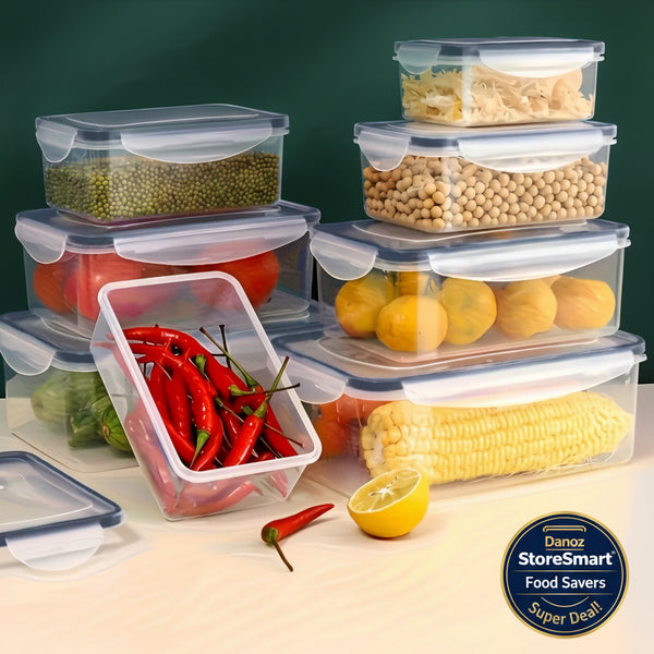 Set of clear food storage containers with various food items on a green and beige background