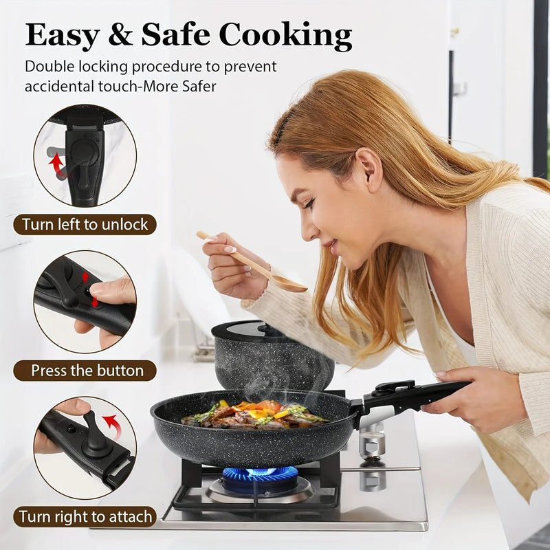 🍳 Danoz CookSmart | FlavorStone 15-Piece Non-Stick Cookware Set | Detachable Handles | Tempered Glass Lids | CE Certified | 5-Year Warranty | Black