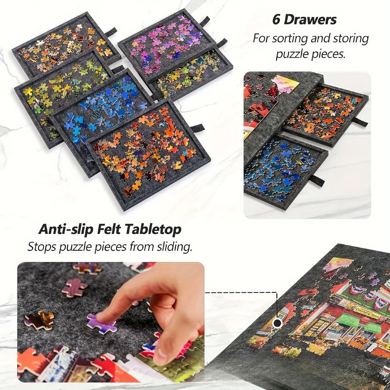 Danoz PuzzleSmart - 1000pcs Puzzle Board W/6 Sliding Drawers - Portable Non-Slip Organizer, Durable Storage for Home/Travel.