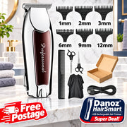 Hair trimmer set with attachments and accessories on a white background