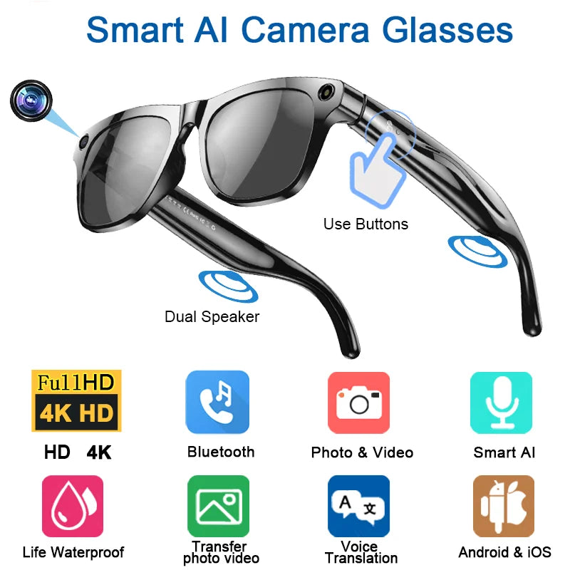 Danoz SmartGlasses - 8K HD AI Smart Glasses 800w Pixel Multifunctional Camera Bluetooth Call Voice Assistant Music Player Smart Translation ﻿