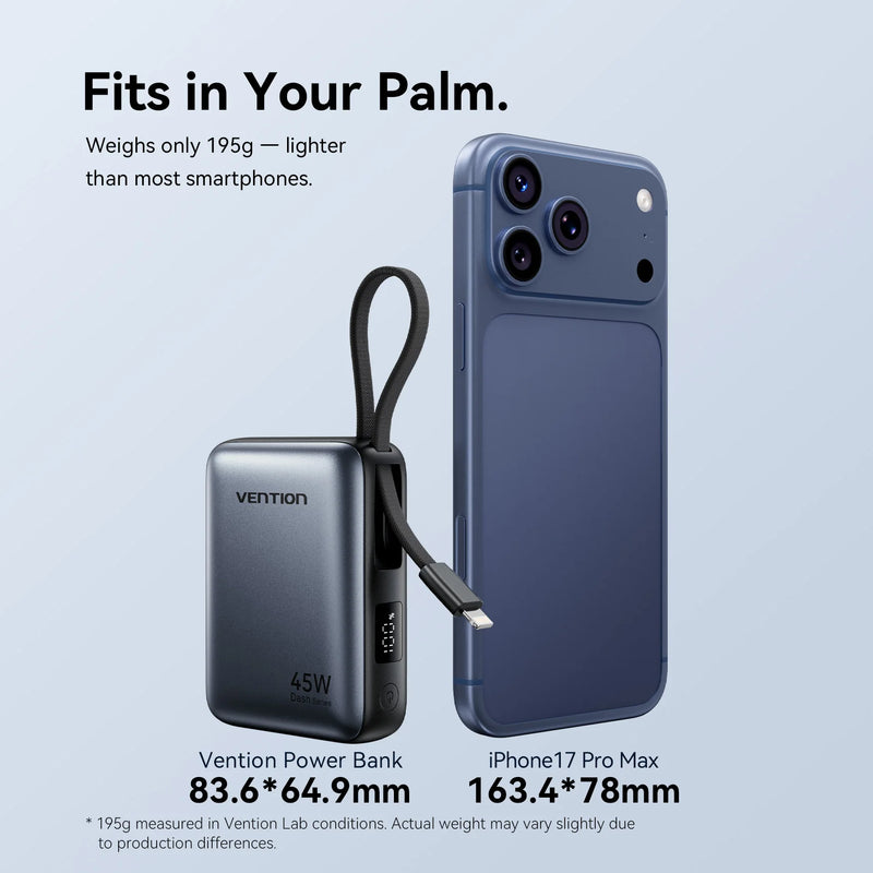 ⚡ Danoz PowerSmart | Vention 45W Power Bank | 10000mAh | Built-in USB-C & Lightning Cables | Digital Display | iPhone 17 & Samsung S26 | Gray & Beige