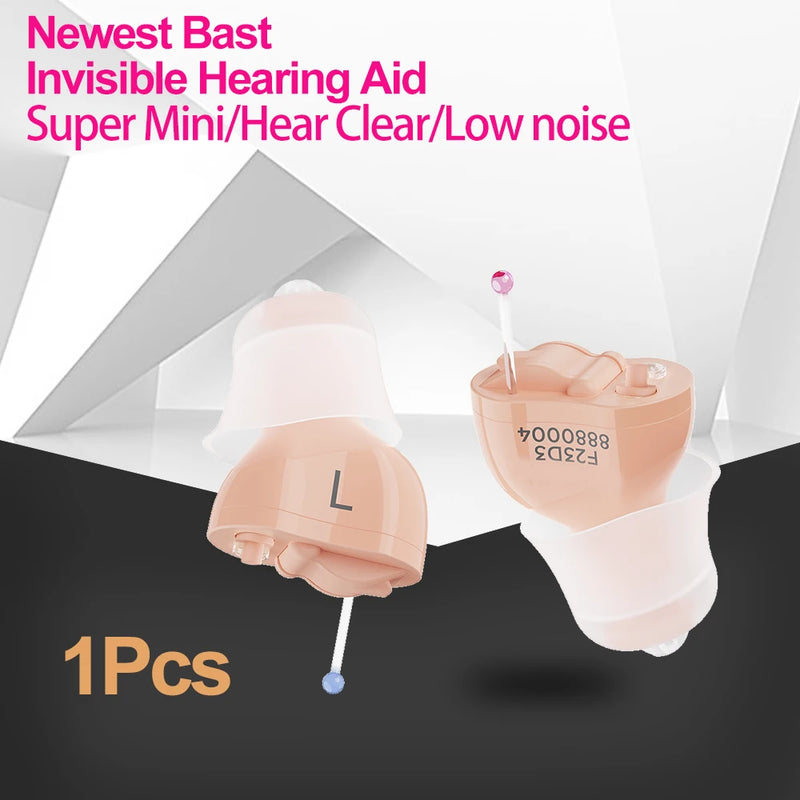 A pair of mini behind-the-ear hearing aids in a pale peach-pink color with white outer covers, shown on a split white and dark gray geometric background with promotional text reading 'Newest Bast Invisible Hearing Aid Super Mini/Hear Clear/Low noise' and '1Pcs'.