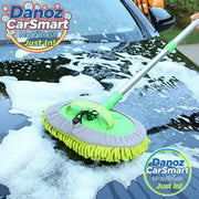 Car cleaning brush with a long handle being used to clean a car windshield, with 'Narzrle' branding.