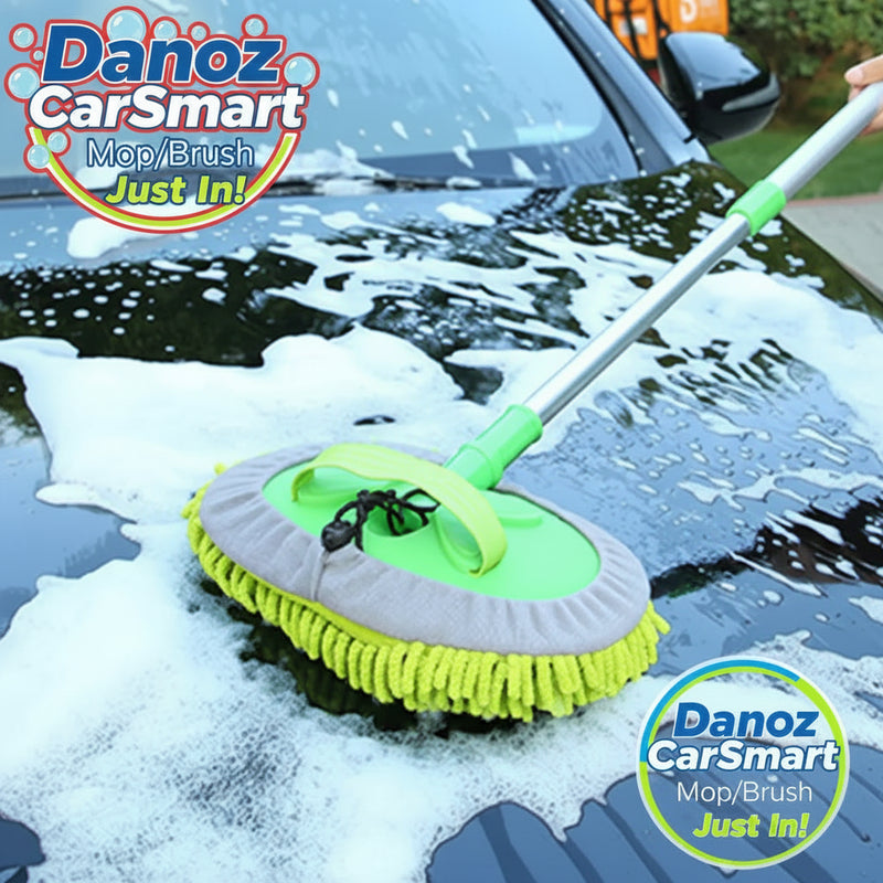 Car cleaning brush with a long handle being used to clean a car windshield, with 'Narzrle' branding.