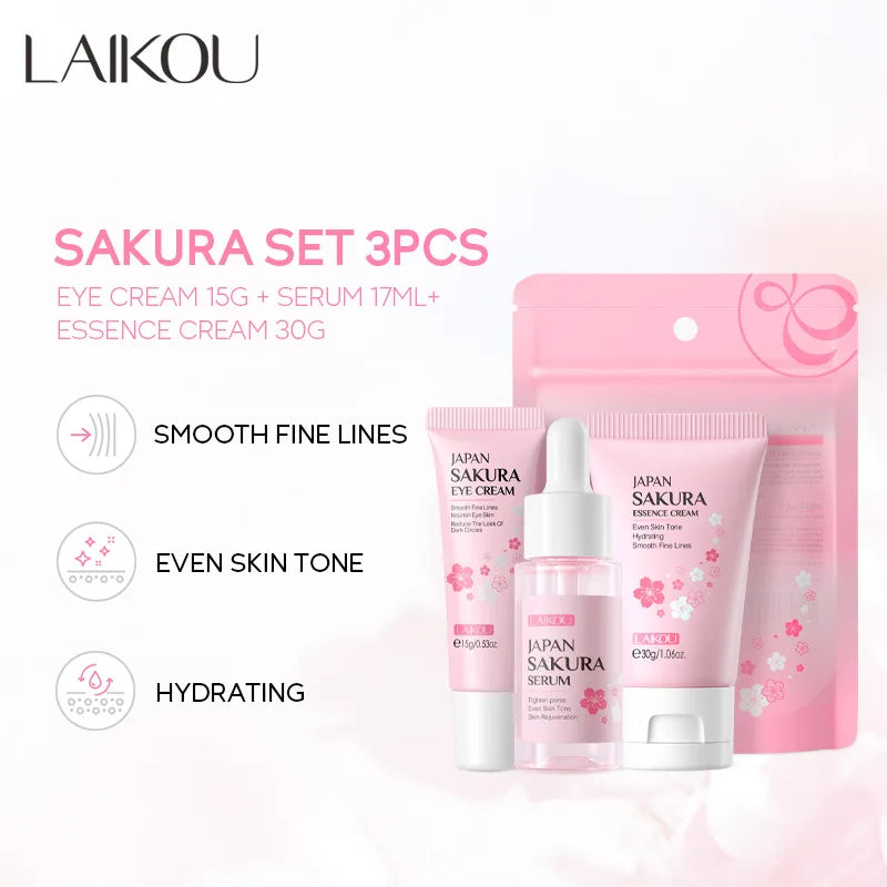 Danoz BeautySmart - Buy 1 Get 1 Free! 3pc set LAIKOU Vitamin C 24K Golden Sakura Skin Care Sets Face Cream Serum Eye Cream Moisturizing Anti Wrinkles.
