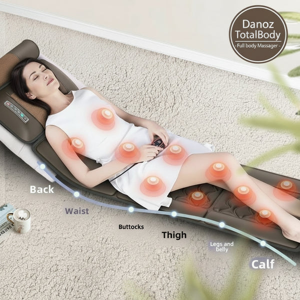 Woman using a massage device with labeled parts on a beige carpet.