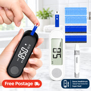 Glucose meter with test strip and lancet device on a white background