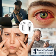 Collage of people experiencing eye strain with a pair of eye drops in the center.