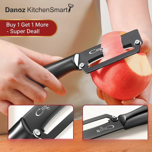 Person using a black apple peeler to peel an apple with close-up insets of the tool.