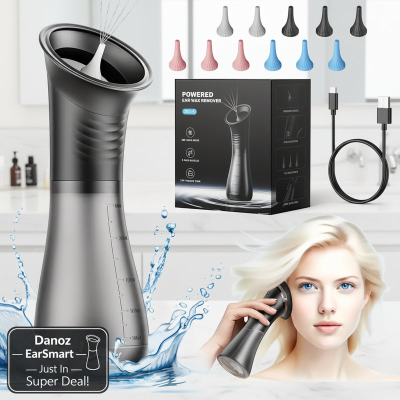 Ear cleaning device with packaging, nozzles, and a woman using it.
