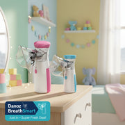Two handheld nebulizers, one pink and clear, the other blue and clear, on a white background.