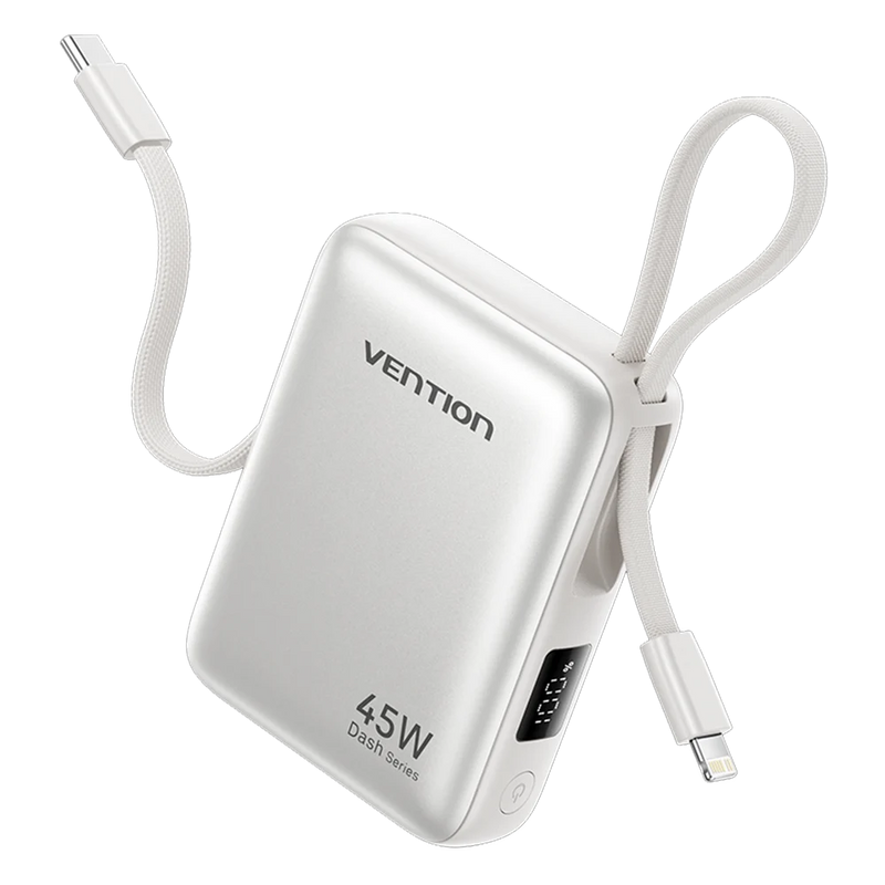 ⚡ Danoz PowerSmart | Vention 45W Power Bank | 10000mAh | Built-in USB-C & Lightning Cables | Digital Display | iPhone 17 & Samsung S26 | Gray & Beige
