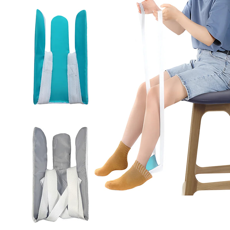 Person using a sock stretching device with a white background