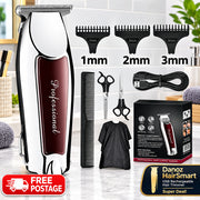 Hair trimmer set with attachments, scissors, cable, and packaging on a white background