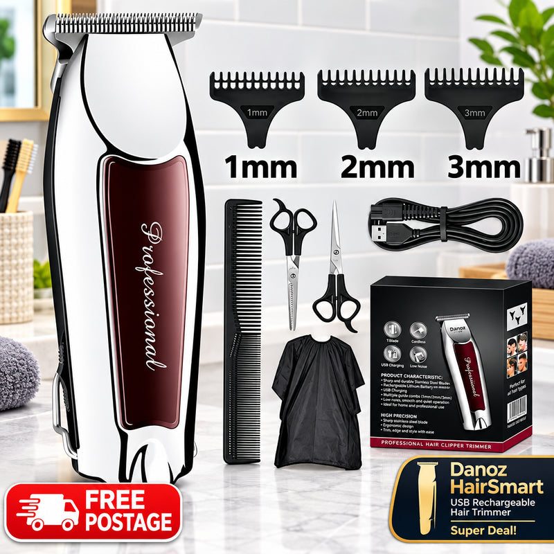 Hair trimmer set with attachments, scissors, cable, and packaging on a white background