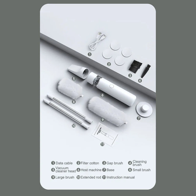 A product kit laid out on a white background with numbered callouts and a small instruction legend. The kit includes a white handheld device, two silver rods, two white brush heads, a white filter cotton piece, a small black brush, a white cable, and a printed instruction manual.