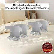 Bed sheet and cover fixer on a bed with text indicating home cleanliness.