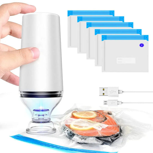 Danoz Direct -  Vacuum Food Storage Zipper Bags Set - Handheld Vacuum Sealer Pump with Bags USB Rechargeable