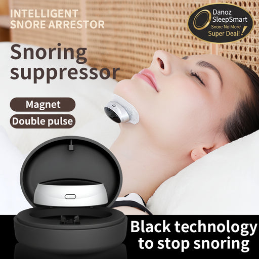 Snoring suppressor device with a woman lying on a pillow, surrounded by text highlighting features.