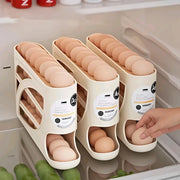Three egg holders with eggs inside, one being taken out by a hand in a kitchen setting.