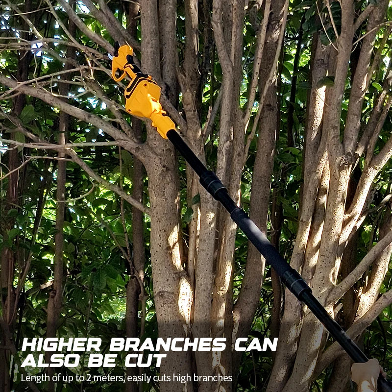 Tree pruner being used on a tree with text indicating it can cut high branches.