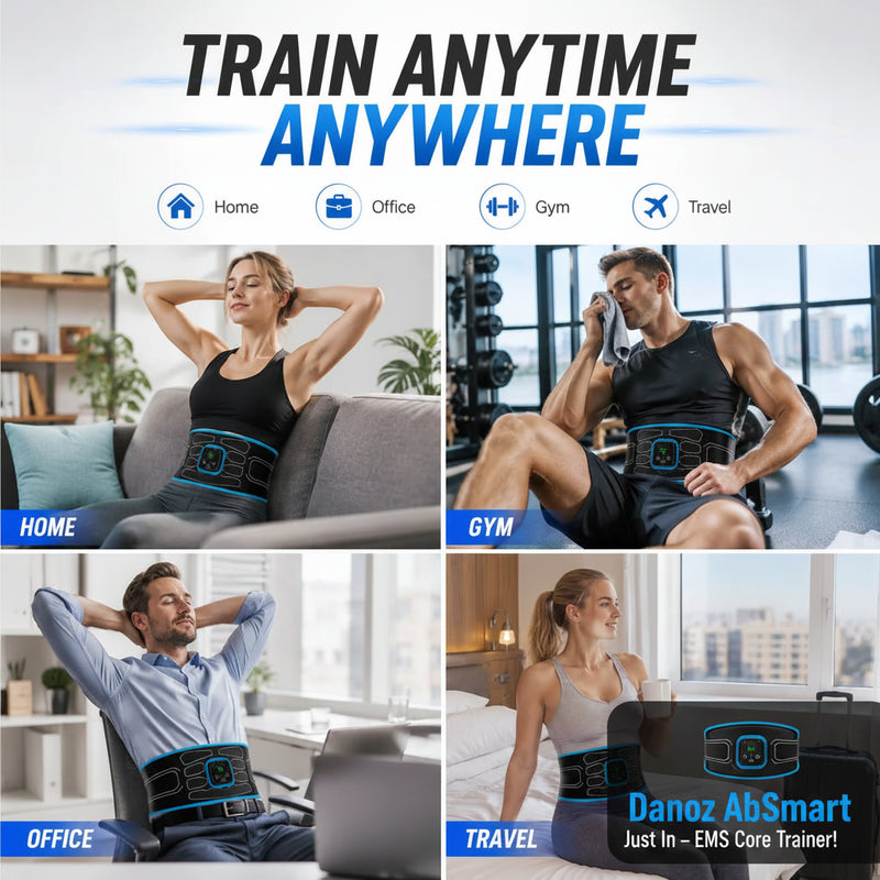 A promotional collage showing a waist trainer belt worn by four people in different settings: home on a couch, gym on a chair, office at a desk, and traveling on a bed. The top of the image has the text 'TRAIN ANYTIME ANYWHERE' with icons for Home, Office, Gym, and Travel.