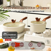 Stove induction cookers with pots on a kitchen counter, featuring text about versatility.