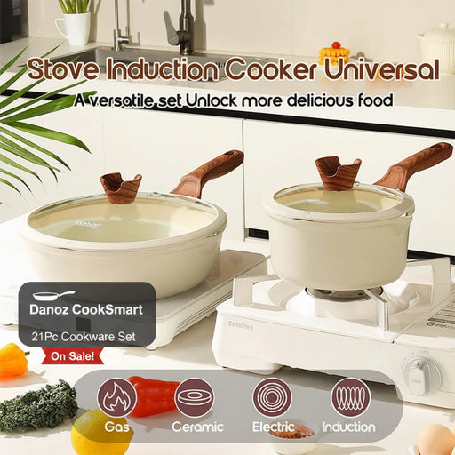 Stove induction cookers with pots on a kitchen counter, featuring text about versatility.