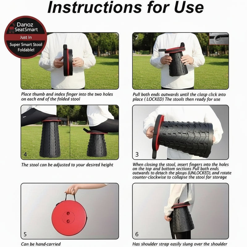 Step-by-step instructions for using a portable stool with images and text.