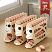 Three beige egg storage racks filled with brown eggs, arranged on a wooden kitchen countertop near a window and cabinet.