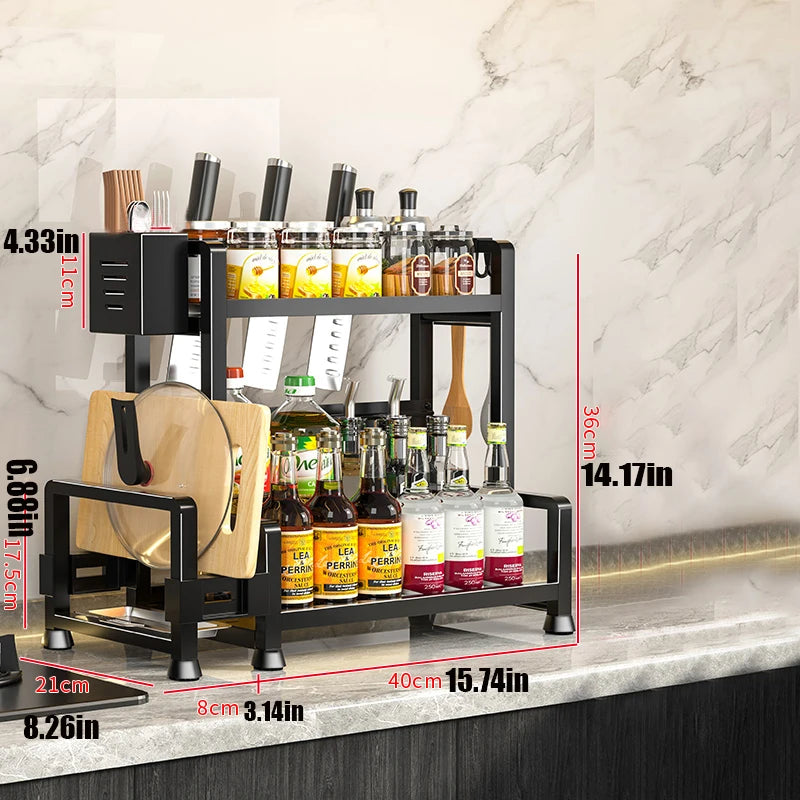 Danoz StoreSmart - 2-3 Tier Adjustable Metal Spice Rack Storage Box, Freestanding Multifunctional Kitchen Storage Rack, with Spice Protection and Fixing Device, Kitchen Organizer and Storage, Sturdy Rack/Hook Structure, Knife