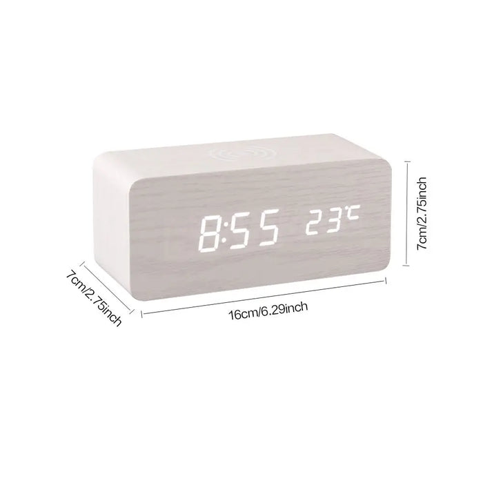 Danoz Exclusive - Digital Alarm Clock Wooden Temperature And Humidity Alarm Clock LED Electronic Clock Smartphone Wireless Charger