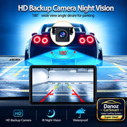 Car backup camera system with night vision feature displayed on a screen.