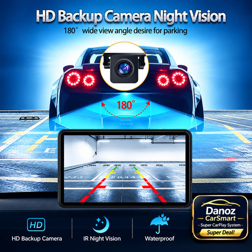 Car backup camera system with night vision feature displayed on a screen.