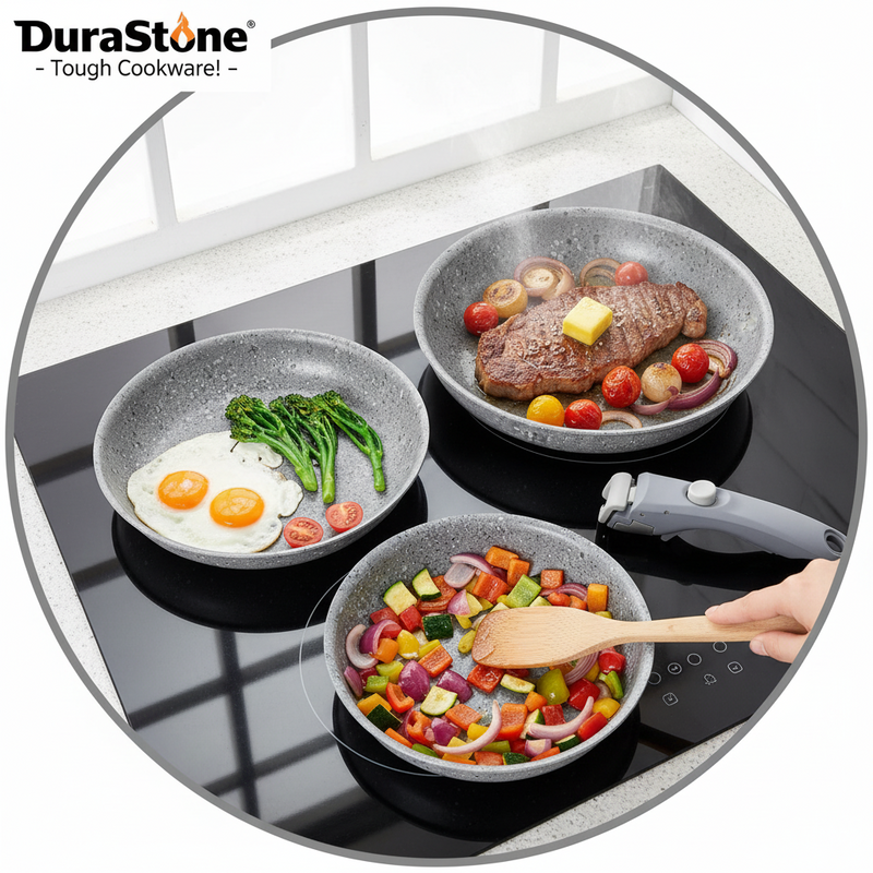 Danoz Cookware - DuraStone Nonstick Frying Pan Set, 8" 9.5" and 11" Fry Pans with Removable Handle, Ultra Non Stick Granite Coating Skillet - Free Postage
