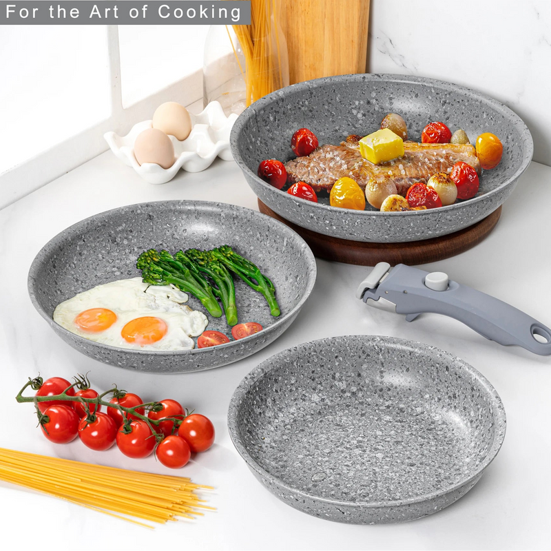 Danoz Cookware - DuraStone Nonstick Frying Pan Set, 8" 9.5" and 11" Fry Pans with Removable Handle, Ultra Non Stick Granite Coating Skillet - Free Postage