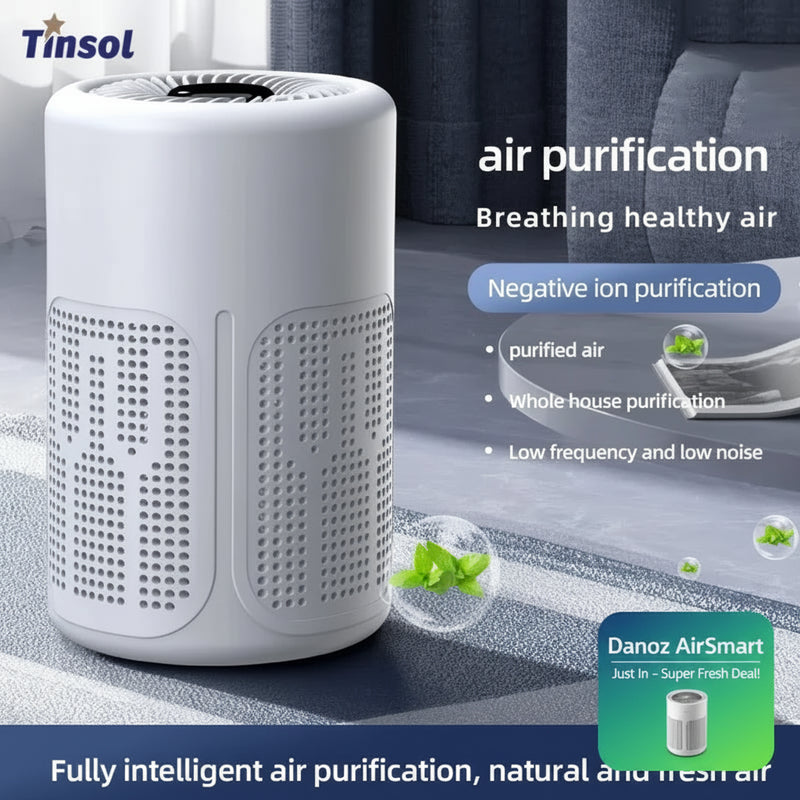 White air purification device with text highlighting features on a gray floor.