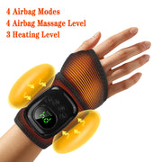 A wrist and hand wearing a black and orange heated airbag massage device, with yellow graphic overlays showing massage and heat zones. Text at the top reads '4 Airbag Modes, 4 Airbag Massage Level, 3 Heating Level'.