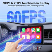 Car dashboard with a 9-inch touchscreen display showing app icons, with '60FPS' text in the foreground.