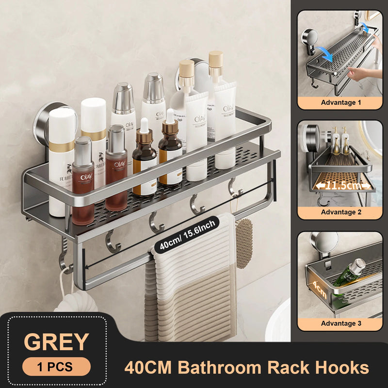 🛁 Danoz BathroomSmart | RUITHOE Suction Cup Bathroom Shelf | No-Drill Wall Mount | Aluminium | 30cm, 40cm & 50cm | Bathroom Organiser | Grey ✨