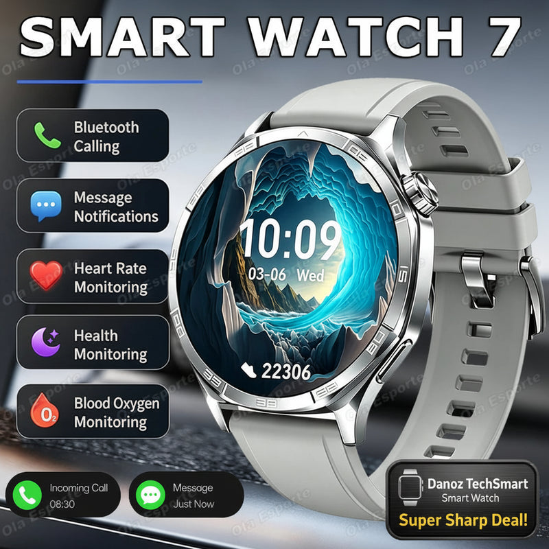 A smartwatch with a light gray strap and silver metallic case, shown prominently on a dark promotional background with large text reading 'SMART WATCH 7' and feature callouts for Bluetooth calling, message notifications, heart rate monitoring, health monitoring, and blood oxygen monitoring.