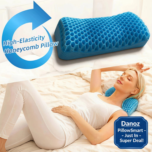 A blue honeycomb gel pillow shown on a bed with a woman lying down using it, plus a large blue arrow graphic and text reading 'High-Elasticity Honeycomb Pillow.'.