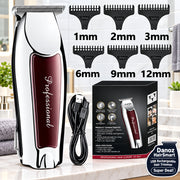 Hair clipper set with attachments and packaging on a white background