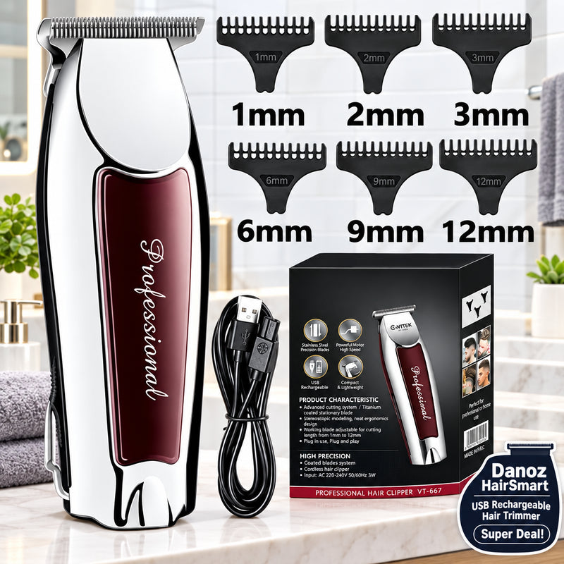 Hair clipper set with attachments and packaging on a white background