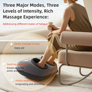 Person using a foot massager with text describing massage modes and benefits.
