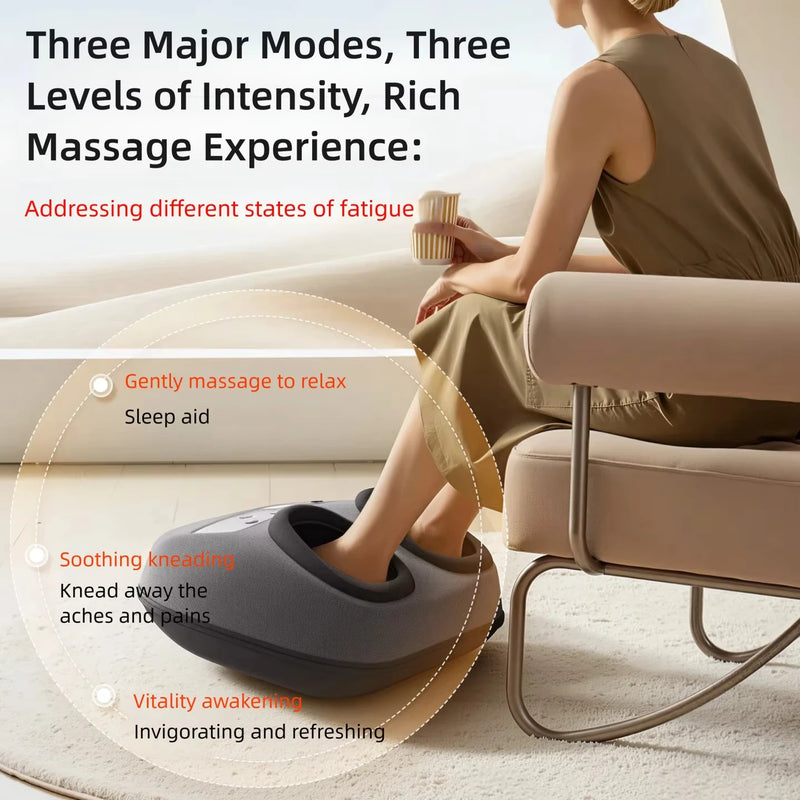 Person using a foot massager with text describing massage modes and benefits.