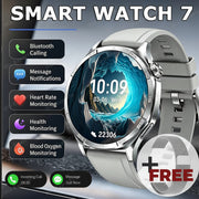 A silver smart watch with a light gray strap, shown prominently on a dark promotional background. Large text reads 'SMART WATCH 7' and feature callouts on the left mention Bluetooth calling, message notifications, heart rate monitoring, health monitoring, and blood oxygen monitoring.
